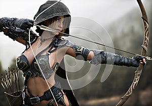 Portrait of a fantasy female Ranger archer aiming at her target from a distance.