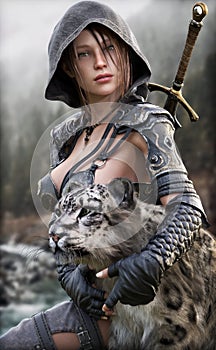Portrait of a fantasy female Ranger pathfinder sitting with her pet feline