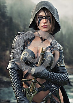 Portrait of a fantasy female Ranger pathfinder with tribal face paint wearing leather armor