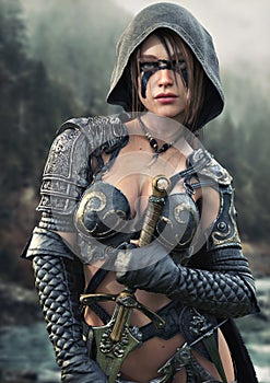 Portrait of a fantasy female Ranger pathfinder with tribal face paint wearing leather armor photo