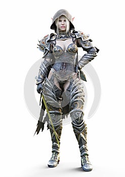 Portrait of a fantasy heavily armored hooded dark elf female warrior