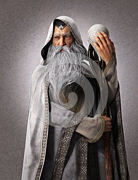 Portrait of a fantasy white wizard with a staff and a backdrop background.