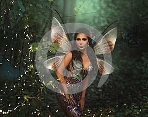Portrait fantasy woman fairy, pixie wings creative costume Girl angel forest goddess butterfly sexy elf. Magic light