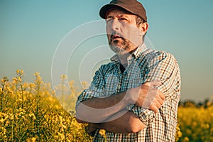 Portrait of farmer agronomist in blooming rapeseed field with arms crossed