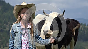 Portrait of Farmer Child with Cows, Cowherd Little Girl Face Pasturing Cattle 4K