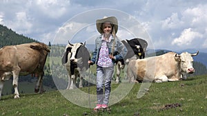 Portrait of Farmer Child with Cows, Cowherd Little Girl Face Pasturing Cattle 4K