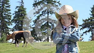 Portrait of Farmer Child with Cows, Cowherd Little Girl Face Pasturing Cattle 4K