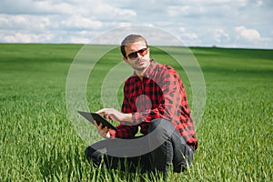 Portrait of farmer standing in young wheat field holding tablet in his hands and examining crop