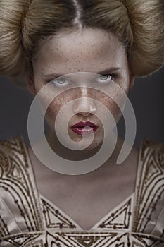 Portrait of fashion beauty model with freckles photo