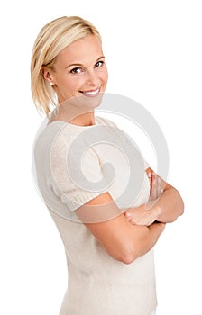 Portrait, fashion and happy woman with arms crossed in studio for confidence or positive attitude on white background