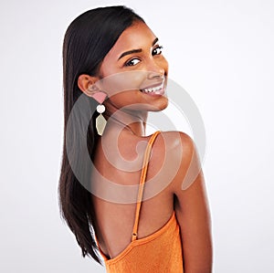 Portrait, fashion and happy woman in dress at studio isolated on a white background mockup space. Face smile, style and