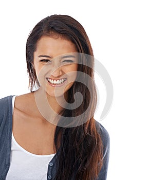 Portrait, fashion and smile with young woman in studio isolated on white background for casual style. Face, happy and