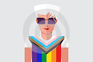 Portrait of a fashion woman or man wearing a T-shirt and sunglasses with new gay pride flag