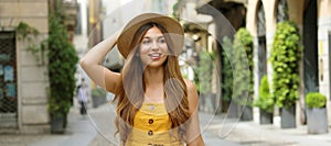 Portrait of fashion woman walking in Brera neighborhood in Milan, Italy. Banner view