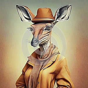 Portrait of a fashionable antelope in a hat and leather coat. Generative AI