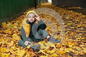 portrait of a fashionable serious child boy autumn sitting on a trail in orange leaves in the afternoon at a green fence