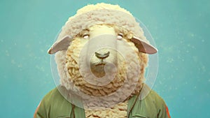 Portrait of fashionable sheep on blue background. Funny pop art sheep