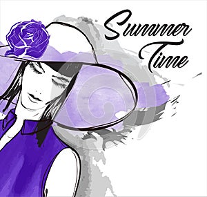 Portrait of fashionable woman in hat. Beautiful young woman in summer clothes covers her face with a hat. Stylish girl in a hat.