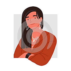 Portrait of fashionable young woman peeping from square frame vector flat illustration. Smiling modern businesswoman