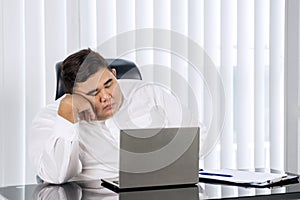 Portrait of fat businessman sleeping while working