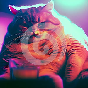 Portrait of fat cat with neon light. fashionable cartoon cat\'s face