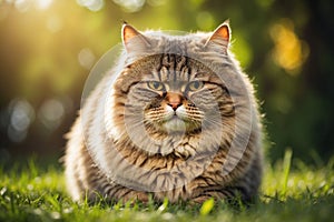 Portrait of a fat furry cat with an angry expression on grass blured nature bokeh background. ai generative