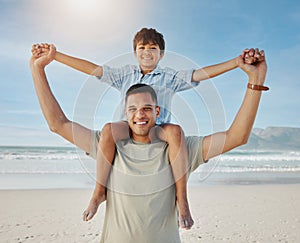 Portrait of father, child on shoulders and beach, smile together in summer waves on tropical island holiday in Hawaii