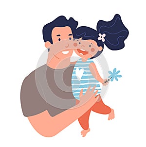 Portrait of a father with daughter. Poster for father s day. Daddy hugs and takes care of his child. Flat cartoon vector