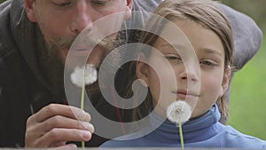 Portrait of a father and son with a flower dandelion. The bearded father playing with his son.