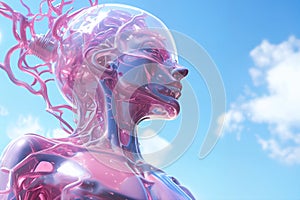 portrait of a female android biorobot in a pink plastic shell with vessels, close-up against the sky, the concept of