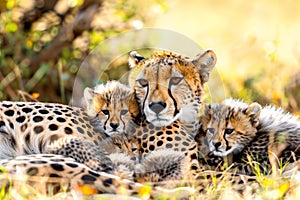 Portrait of a female cheetah lying with her cubs in the savannah