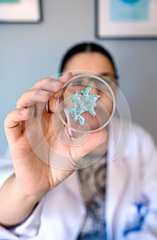 Portrait of female chemist technician showing blue glitter sample over petri dish on lab