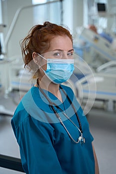 Portrait of female doctor in medical mask in intensive care