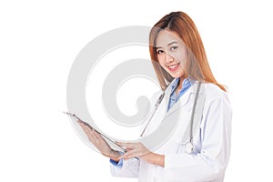 Portrait of female doctor with a medical prescription