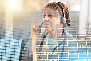 Portrait of female doctor during online medical consultation  multiple exposure