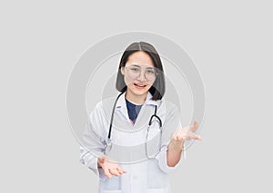 Portrait female doctor talking to patient in with background, copy space. medical-care concept