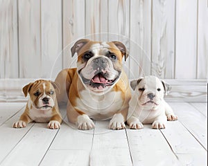 Portrait of a female English bulldog with puppies lying on a white wooden floor. Close-up portrait