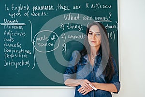 Portrait of female english teacher in front of blackboard.