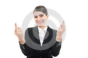 Portrait of female flight attendant showing double obscene gesture photo