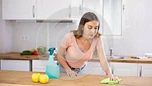 Portrait of female houseworker dusting kitchen surfaces