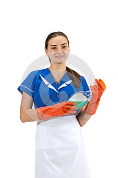 Portrait of female made, cleaning worker in white and blue uniform isolated over white background