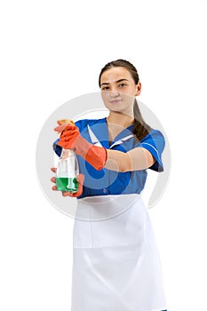 Portrait of female made, cleaning worker in white and blue uniform isolated over white background