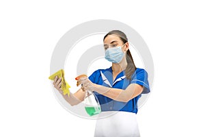 Portrait of female made, cleaning worker in white and blue uniform isolated over white background