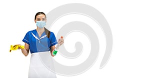 Portrait of female made, cleaning worker in white and blue uniform isolated over white background