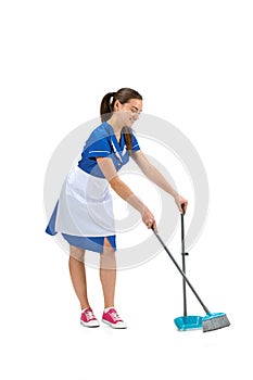 Portrait of female made, cleaning worker in white and blue uniform isolated over white background