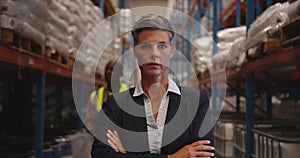 Portrait of female manager in a warehouse 4k
