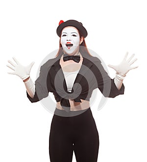 Portrait of a female mime artist performing, isolated on white background. Symbol of joy, surprise, pleasant meeting