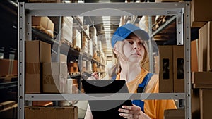 Portrait of female model working in storage. Girl storekeeper in uniform standing near rack with boxes, checks goods