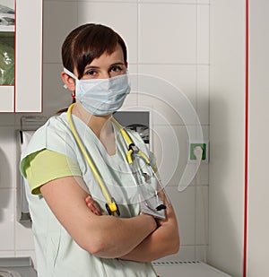 Portrait female nurse in ICU in green uniform with protective ma