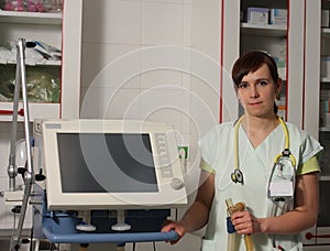 Portrait female nurse in ICU in green uniform with ventilator ma